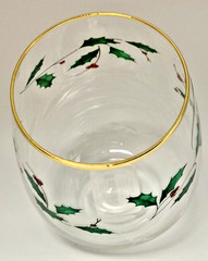Lenox Holly Pattern Stemless Holiday 6 Fancy Wine Glasses 14kt Gold Rims Labels