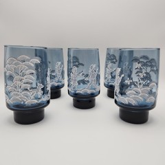 Vintage Libbey Dutch Blue Mary Gregory Tumblers Set of 5 Children Dog Butterfly