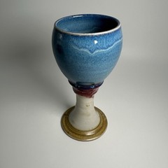 Studio Art Pottery Chalice Blue Red Stoneware Pedestal Cup Goblet Signed Saul