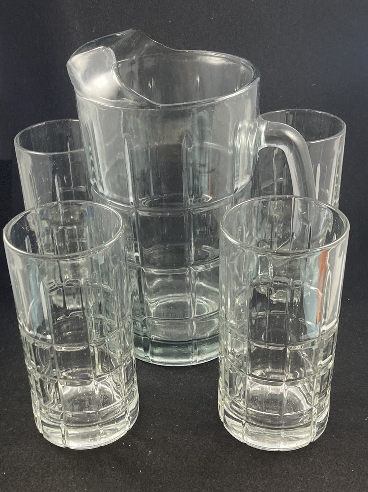 Anchor Hocking Tartan Clear Pitcher & 4 Iced Tea Glasses