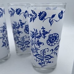 Vintage Blue Onion Tumblers Frosted White and Blue on Clear Glass Set of 6