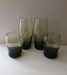 Vtg Libbey Perception Olive Green Curved Rocks Glasses, 2~10 Oz &2~16Oz, Set 4
