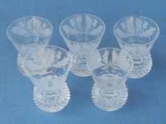 5 EDINBURGH CUT CRYSTAL THISTLE SHOT GLASSES
