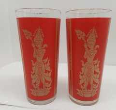 2 1960 Mid Century Culver Red Gold Siam Thai Goddess Drinking Glasses Tumblers