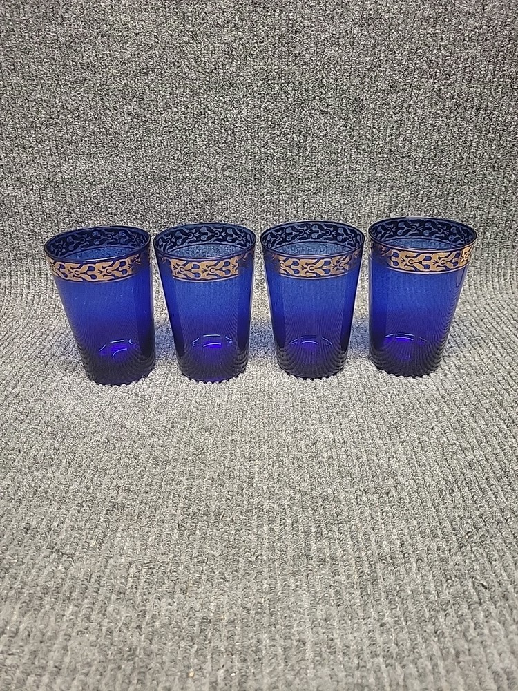 Vintage Cobalt Blue Gold Border Glasses MCM -Set of 4