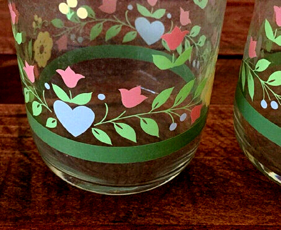 2 Libbey Pastel Pink Tulip Blue Hearts Juice Glass/Old Fashioned Tumblers_TWO