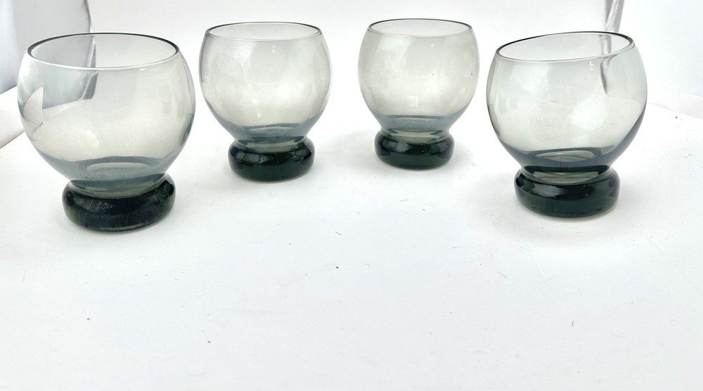 Vtg Rolypoly MCM Glasses Double Old Fashioned Green Smoky Pedestal Globe Set 4