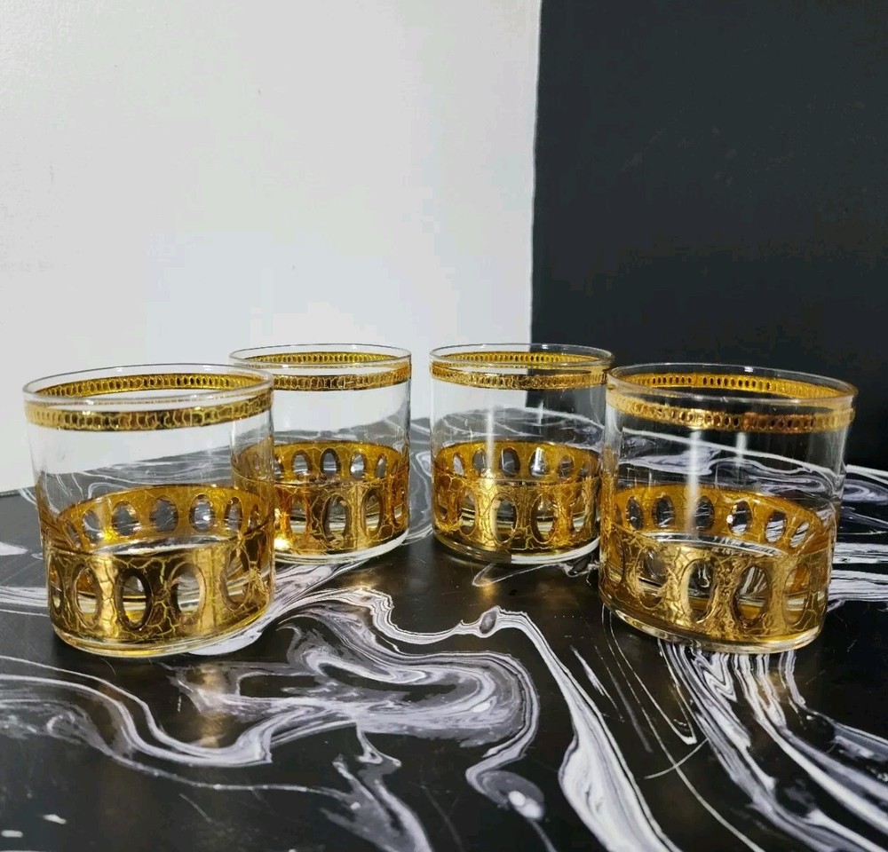 4 Damaged Culver Antigua Gold Crackle Lowball Cocktail Glasses 22k Gold