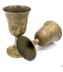 Vtg RARE Pair Handcrafted Brass Wine Goblets w/Removable Glass Beakers Patina