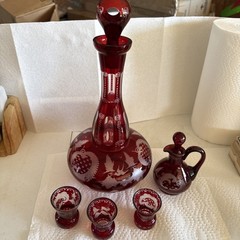 ATG Egermann Bohemian Style Ruby Red Etched Bulb Decanter & Cruet & 3 tooth pic