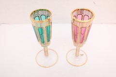 Pair Moser Cut to Clear Cabochon Enamel Scrollwork & Gold Champagne Flutes SET 2