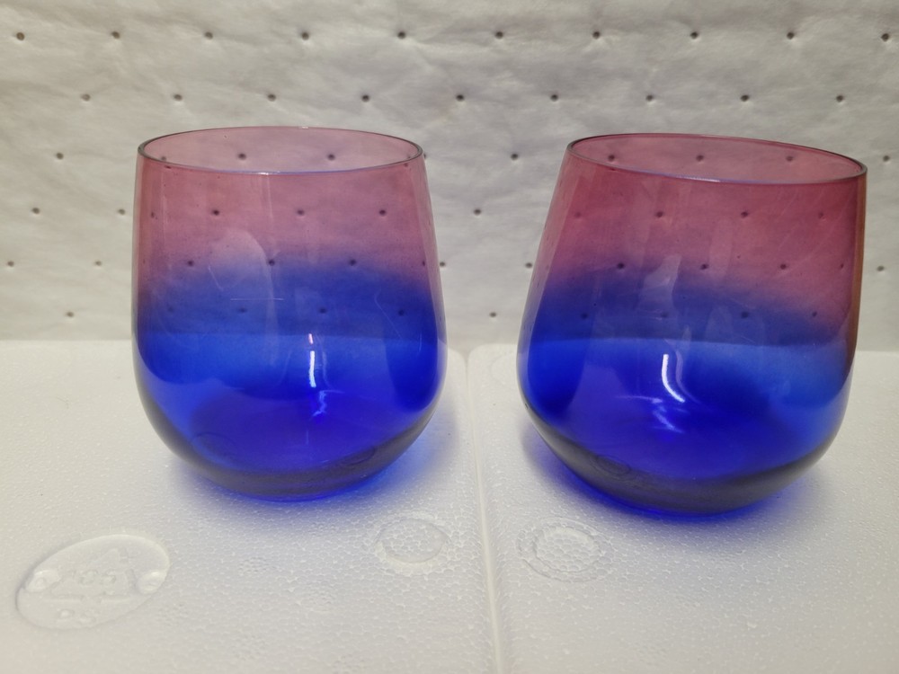 2 CC ZECCHIN Style MURANO Two Tone Glasses 3.5″ Made Italy RARE Rose & Blue