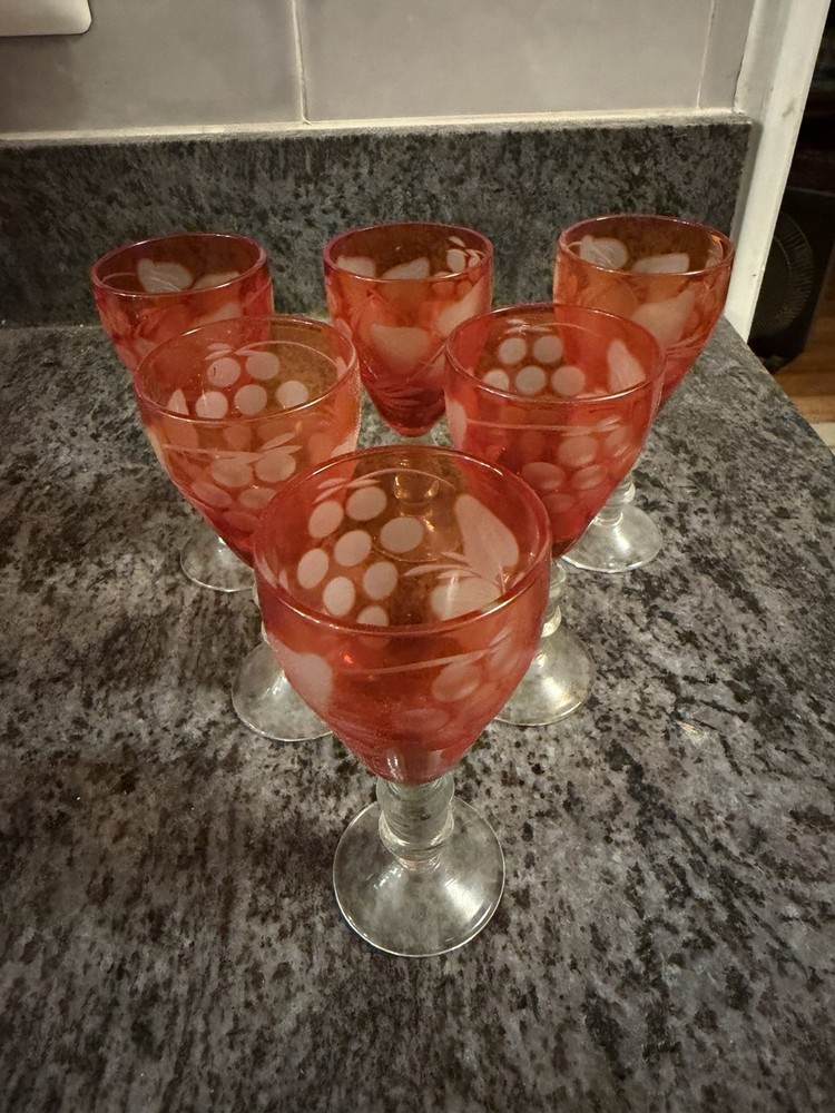 Vintage MCM Cordial Glasses Ruby Red Flash Cut To Clear Stemmed 4.5″ Set Of 6
