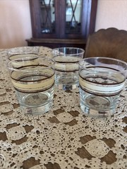 4 Vintage Libbey Hi Ball Glasses Clear With Brown Light Yellow Stripes EUC