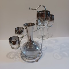 Dorothy Thorpe Silver Fade Wine Glasses, Spiral Caddy & Decanter Set Mid Century