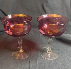 1950s West Virginia Glass Red Rose Lustre Cranberry Optic Wine Glasses Set Of 2