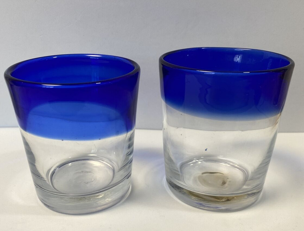 2 Mexican Hand Blown Cobalt Blue Rim Glass Tumbler Rough Pontil Bubble Low Ball