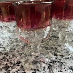 (4) VTG Indiana Glass Kings Crown Ruby Red Flash Thumbprint 2 oz Cordials 3 5/8″