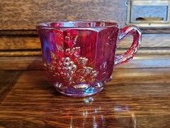 Rare Mosser Ohio Red Carnival Glass Iridescent GRAPES Punch Cup Branch Handle