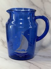 Vtg Hazel-Atlas Cobalt Blue Sailboat Glassware Pitcher, Ice Bucket & 9 Tumblers