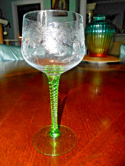 Green Stem Etched Hock Wine Goblet c. 1960s UNK3191 Grapes Leaves