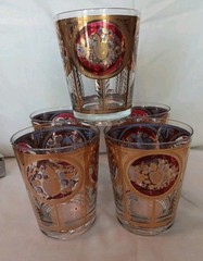 5 Vintage CERA Double Old Fashion Glasses Hollywood Regency Gold Fruit Barware