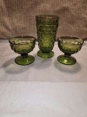 Vintage Avocado Green Cubist Sherbet Bowls and Iced Tea Glass