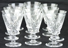 VINTAGE CUT GLASS OR CRYSTAL FOOTED SHOT GOBLET SET 12 CRISS CROSS FAN STEMWARE