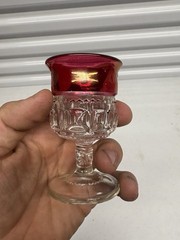 Vintage Ruby Flash Red & Clear Pressed Glass Cordial Shot Goblet Small Stemware