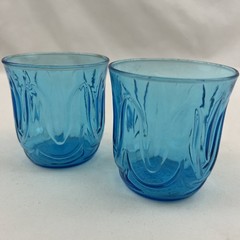 2 Vintage Anchor Hocking Colonial Blue Tulip Low Ball Juice Glass 8 oz