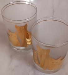 Set Of 2 Culver Cat & Kitten Double Old Fashioned Frosted Glasses 22k Gold Art