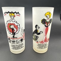 Vintage Federal Glass Set Of 2 “Gay Fad” Of The 20’s-30’s Frosted With Graphics