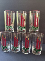 Vintage Christmas MCM Holly Candle Drinking Glasses Tumblers Set (7) Drinkware