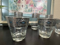 Set Of SIX Culver Sorrento Highball glasses , Silver Filigree W/ Turquoise