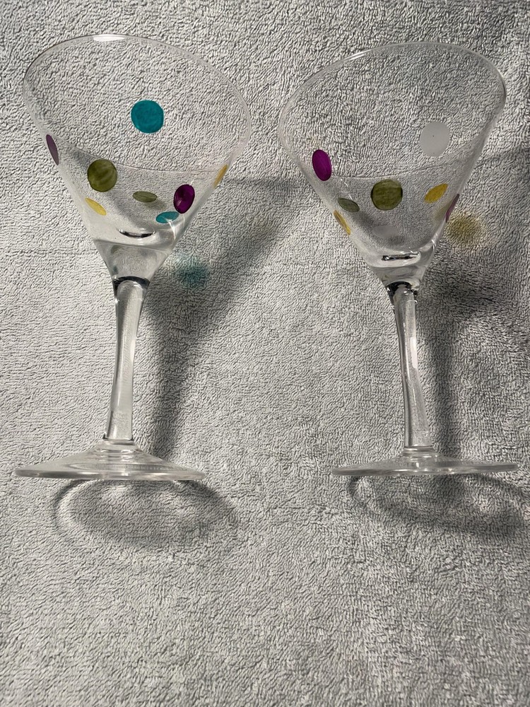 Set of 2 Martini Glasses Polka Dot Design Clear Glass 7.5″ Tall Barware Decor