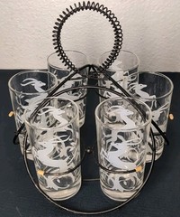 6 Vintage 60’s Leaping Gazelle Frosted White Etched Glasses MCM 5″ W/Metal Caddy
