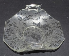 Fostoria USA Brocade Oak Leaf Acorn Folded Handled Bowl /Candy Cut Glass Crystal