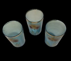 Antique Victorian Set Of 3 Cups Sugar Blue Glass Hand Painted Flower Circa 1900