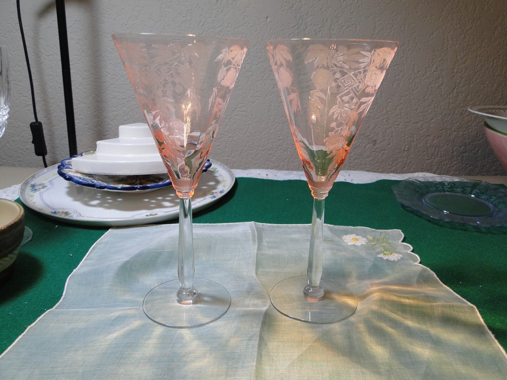 2 Pink Cambridge Rosalie #731 Footed Wine Stems, Exc. Cond. 8.5″ Tall