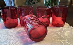Czech Bohemian? Early Cranberry Reverse Thumbprint 3 1/2 Inch Tumblers X5