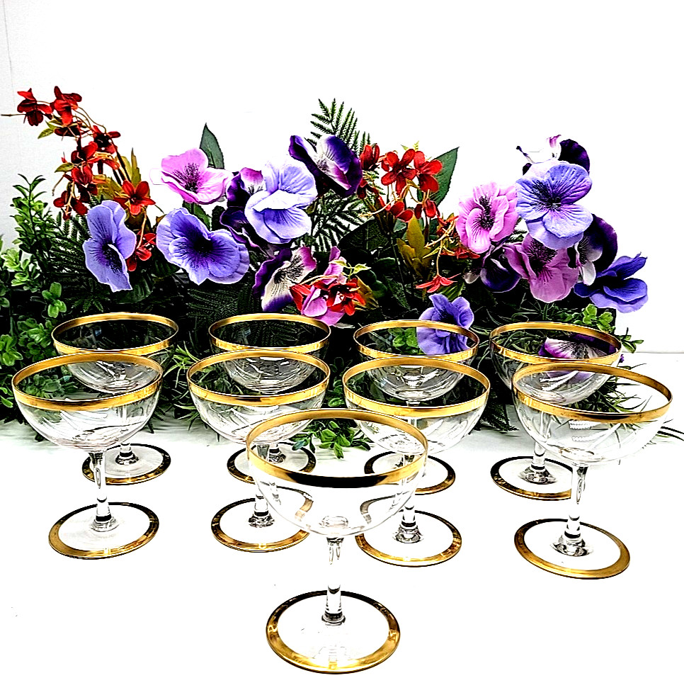 9- Glastonbury Lotus Gold Trim Wine Glasses – Handcrafted USA Vintage. 6oz