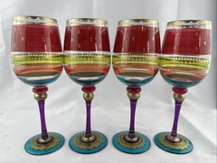Pier 1 Festive Stripe Hand Painted Wine Glass Stemware Set of 4 Jewel Tone Gold