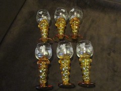 Antique GLASS ROMER type SET 6 goblets amber Etched w/ PRUNTS Bohemian 4 Oz.