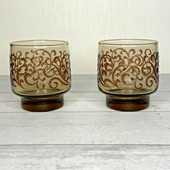 Vintage 1970s Libbey Prado Brown Embossed Scroll Juice Glasses Set of 2