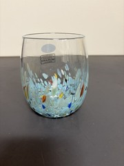 Murano Art Glass Tumblers Set of 8 White Cristal Blue Yellow Confetti Made Italy