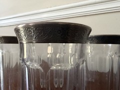 Antique Heisey Glass Paneled Tumblers, Sterling Silver Rim, Diamond H Mark, Set