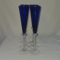 6 UNION STREET ASTA Cobalt Blue Champaign Flutes Hand Blown Art Glass GUY CORRIE