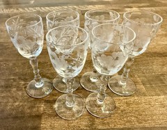 Vintage Set 6 Etched Cordial Wine Glasses Grapes/Vines Tiffin Style 30s-40s