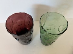 2 Vintage Thumbprint Green & Amethyst Glass Tumblers 5.5″ Decatur Texas