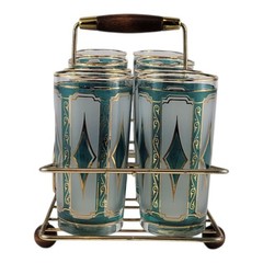 Vtg 60s MCM Green Gold Diamind Pattern Set 8 Drinking Glasses Tumblers W/ Caddy